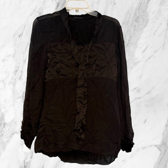 M Made In Italy Tops - Made In Italy Black Top Sheer Block Tie Neck LS